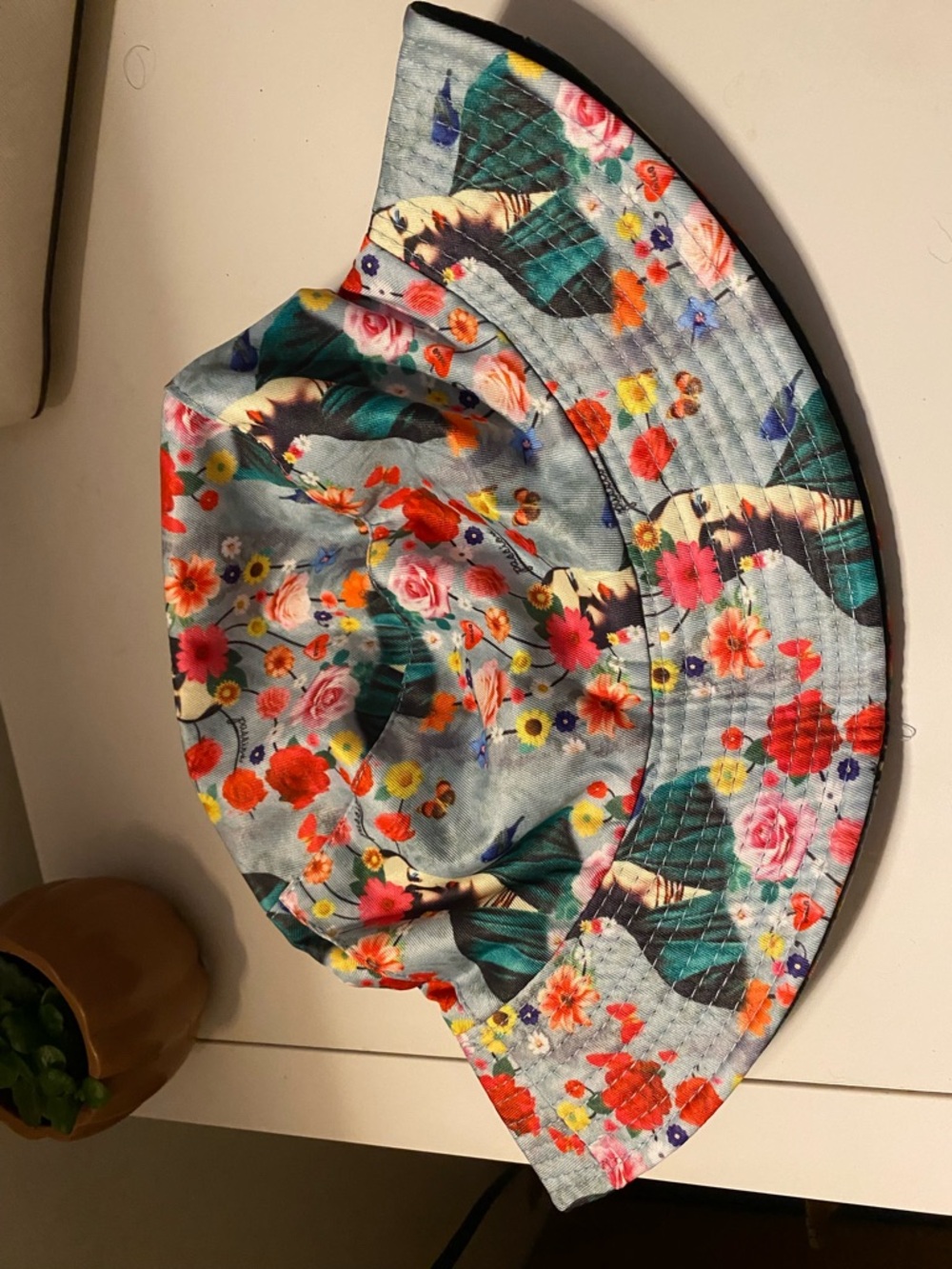 Light Blue Floral Frida Kahlo Bucket Hat with Multicolor Blooms New